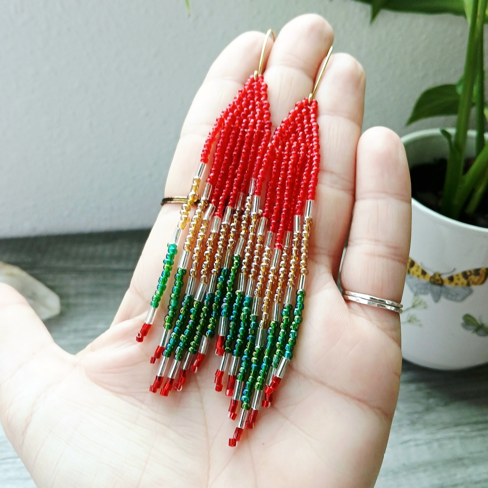 BOGO EARRINGS Boho Chic Holiday Beaded Fringe Earrings, Cascade Shoulder Duster